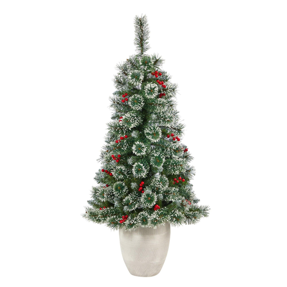 50” Frosted Swiss Pine Artificial Christmas Tree with 100 Clear LED Lights and Berries in White Planter-Christmas Tree-Parc Decor