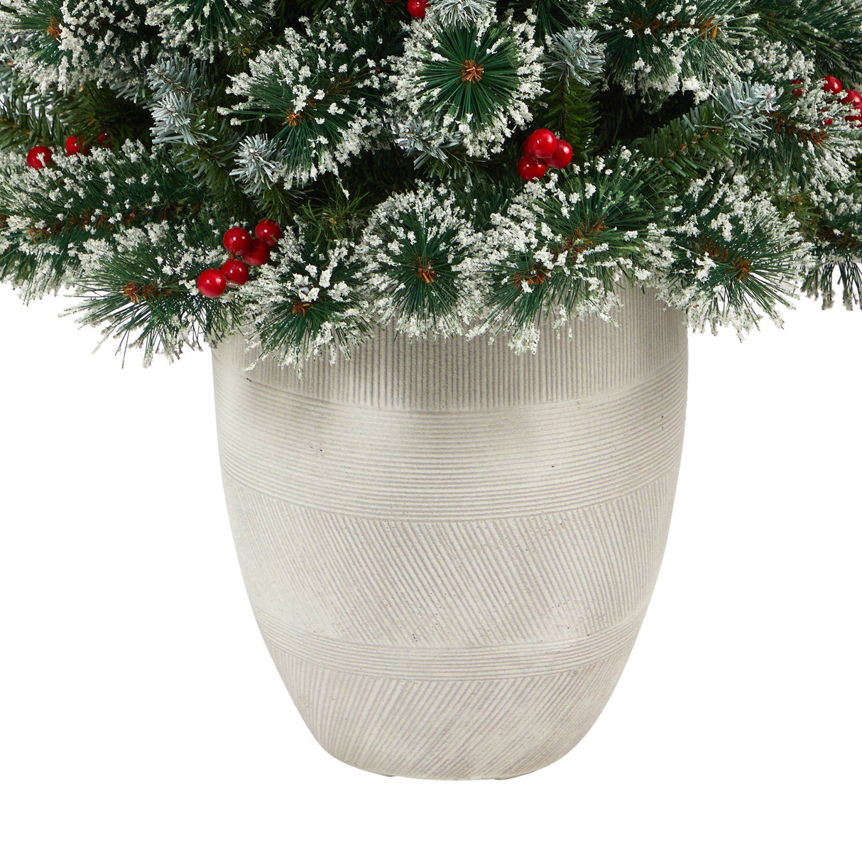 50” Frosted Swiss Pine Artificial Christmas Tree with 100 Clear LED Lights and Berries in White Planter-Christmas Tree-Parc Decor
