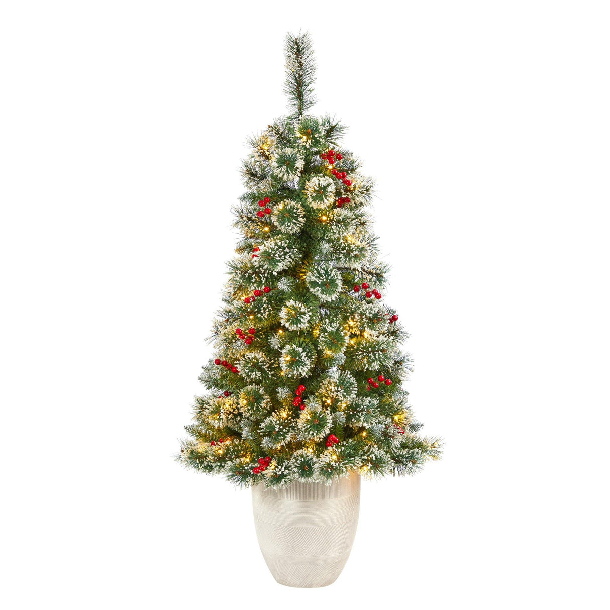 50” Frosted Swiss Pine Artificial Christmas Tree with 100 Clear LED Lights and Berries in White Planter-Christmas Tree-Parc Decor