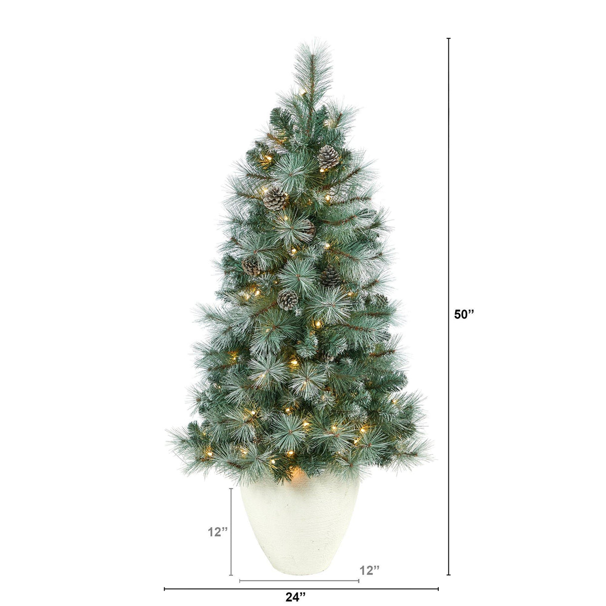 50” Frosted Tip British Columbia Mountain Pine Artificial Christmas Tree with 100 Clear Lights, Pine Cones and 228 Bendable Branches in White Planter-Christmas Tree-Parc Decor