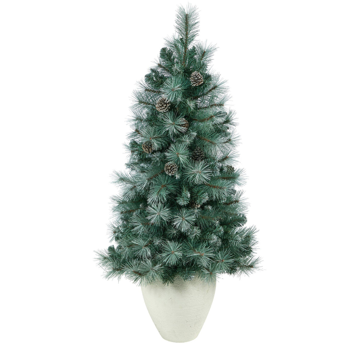 50” Frosted Tip British Columbia Mountain Pine Artificial Christmas Tree with 100 Clear Lights, Pine Cones and 228 Bendable Branches in White Planter-Christmas Tree-Parc Decor