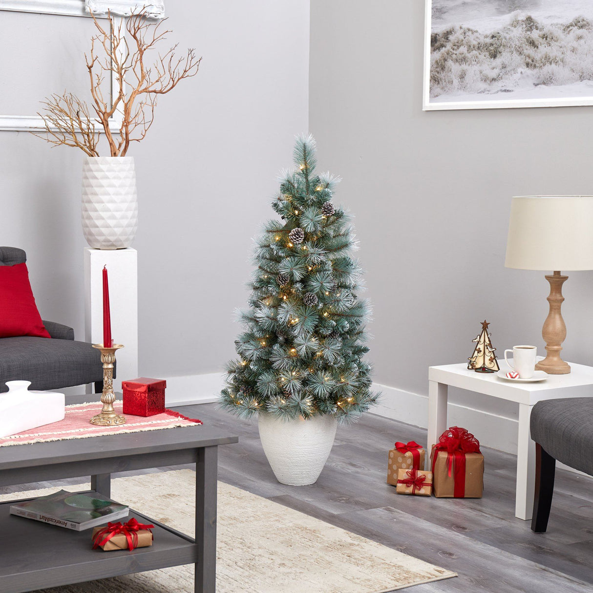 50” Frosted Tip British Columbia Mountain Pine Artificial Christmas Tree with 100 Clear Lights, Pine Cones and 228 Bendable Branches in White Planter-Christmas Tree-Parc Decor