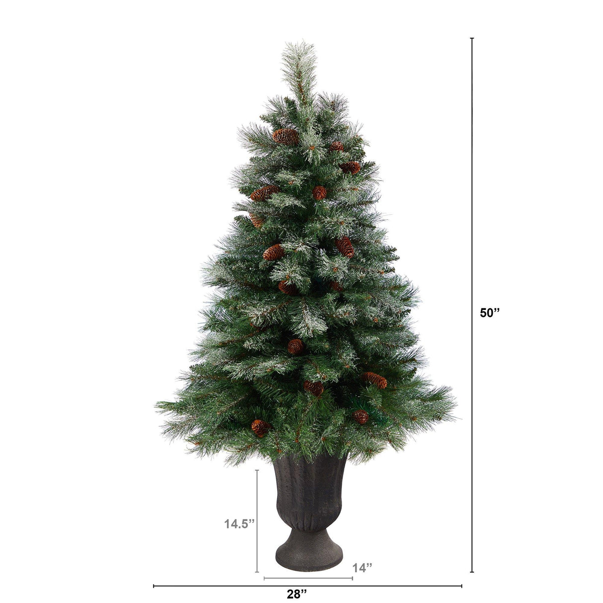 50” Snowed French Alps Mountain Pine Artificial Christmas Tree with 237 Bendable Branches and Pine Cones in Charcoal Planter-Christmas Tree-Parc Decor