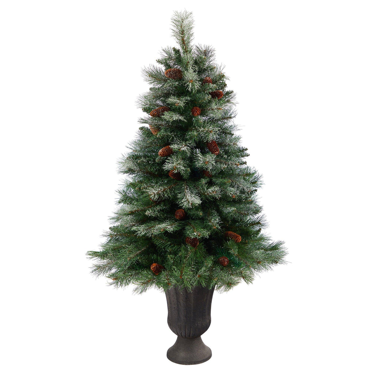 50” Snowed French Alps Mountain Pine Artificial Christmas Tree with 237 Bendable Branches and Pine Cones in Charcoal Planter-Christmas Tree-Parc Decor