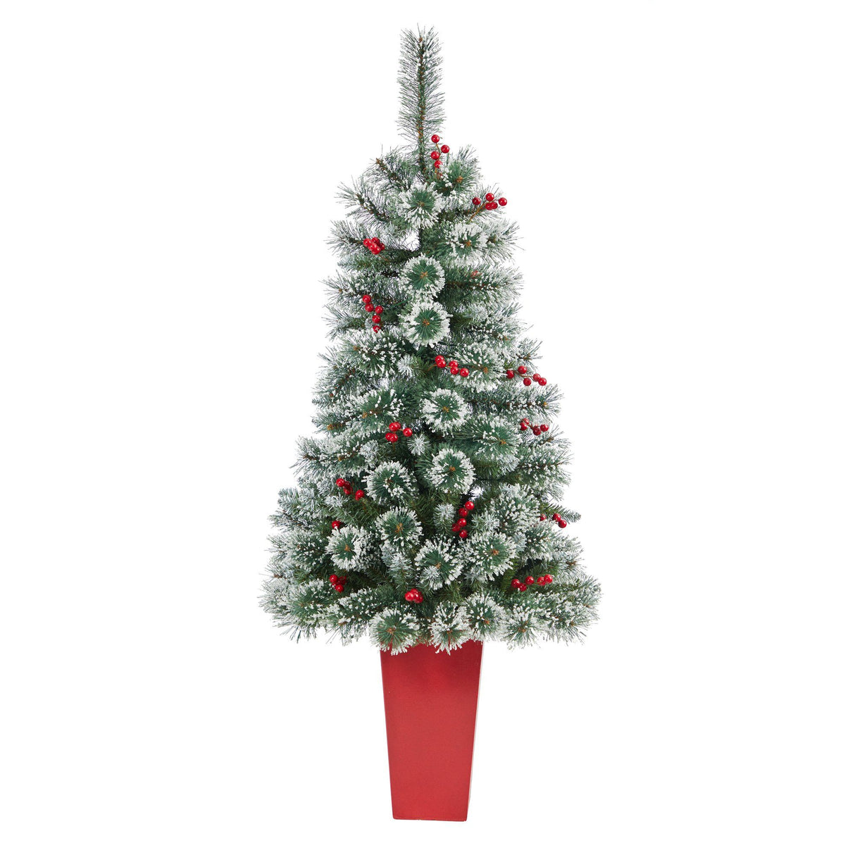 52” Frosted Swiss Pine Artificial Christmas Tree with 100 Clear LED Lights and Berries in Red Tower Planter-Christmas Tree-Parc Decor
