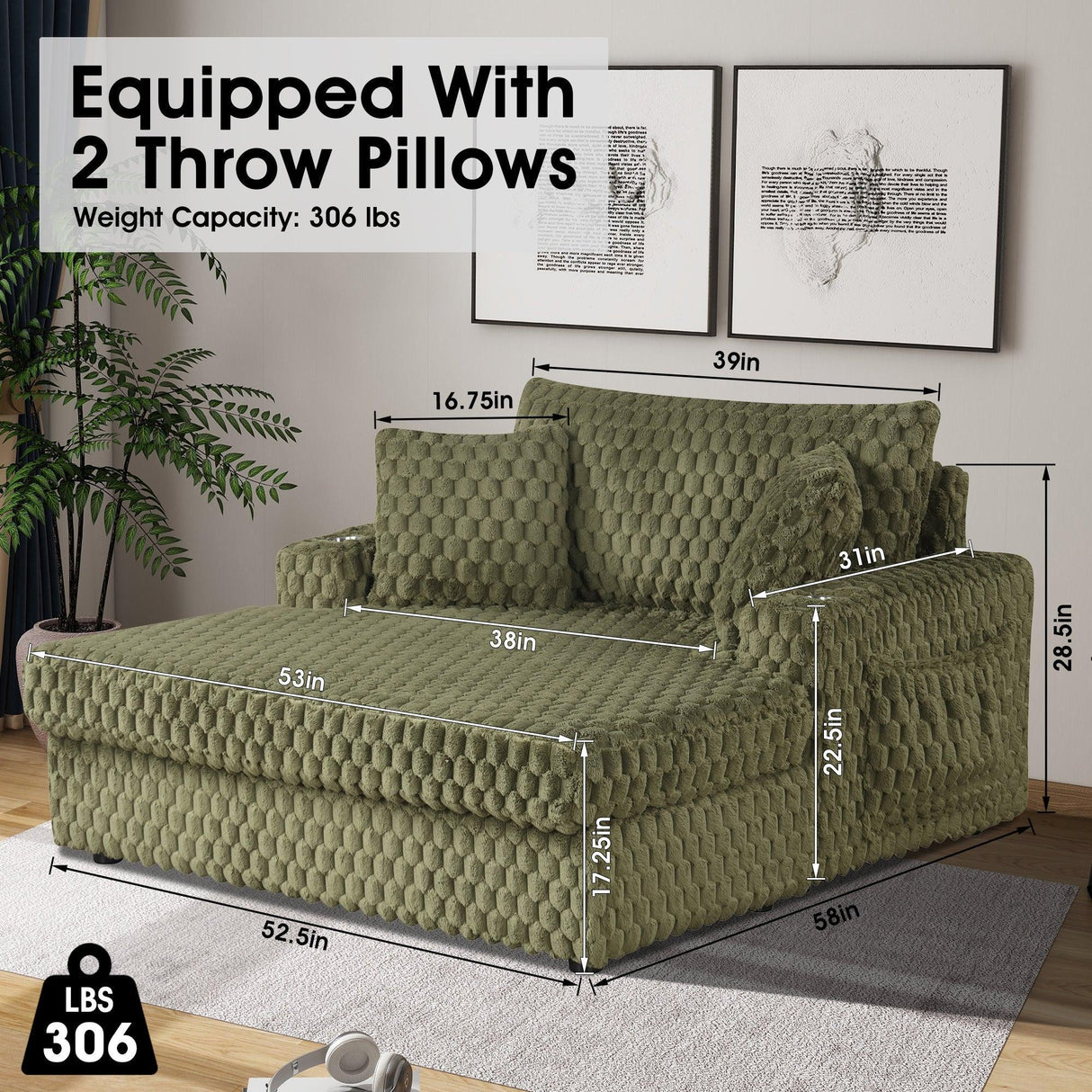 54 Inch Contemporary Indoor Upholstered Chaise Lounge Plush Sleeper Chair with Throw Pillows, 2 Cup Holders and Magazine Bags for Living Room