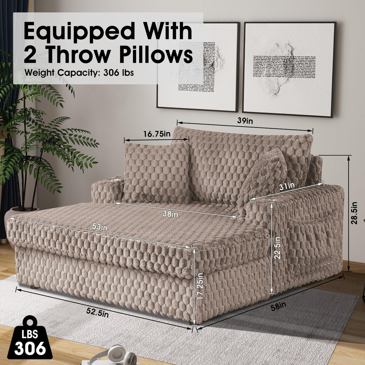 54 Inch Contemporary Indoor Upholstered Chaise Lounge Plush Sleeper Chair with Throw Pillows, 2 Cup Holders and Magazine Bags for Living Room-Parc Decor