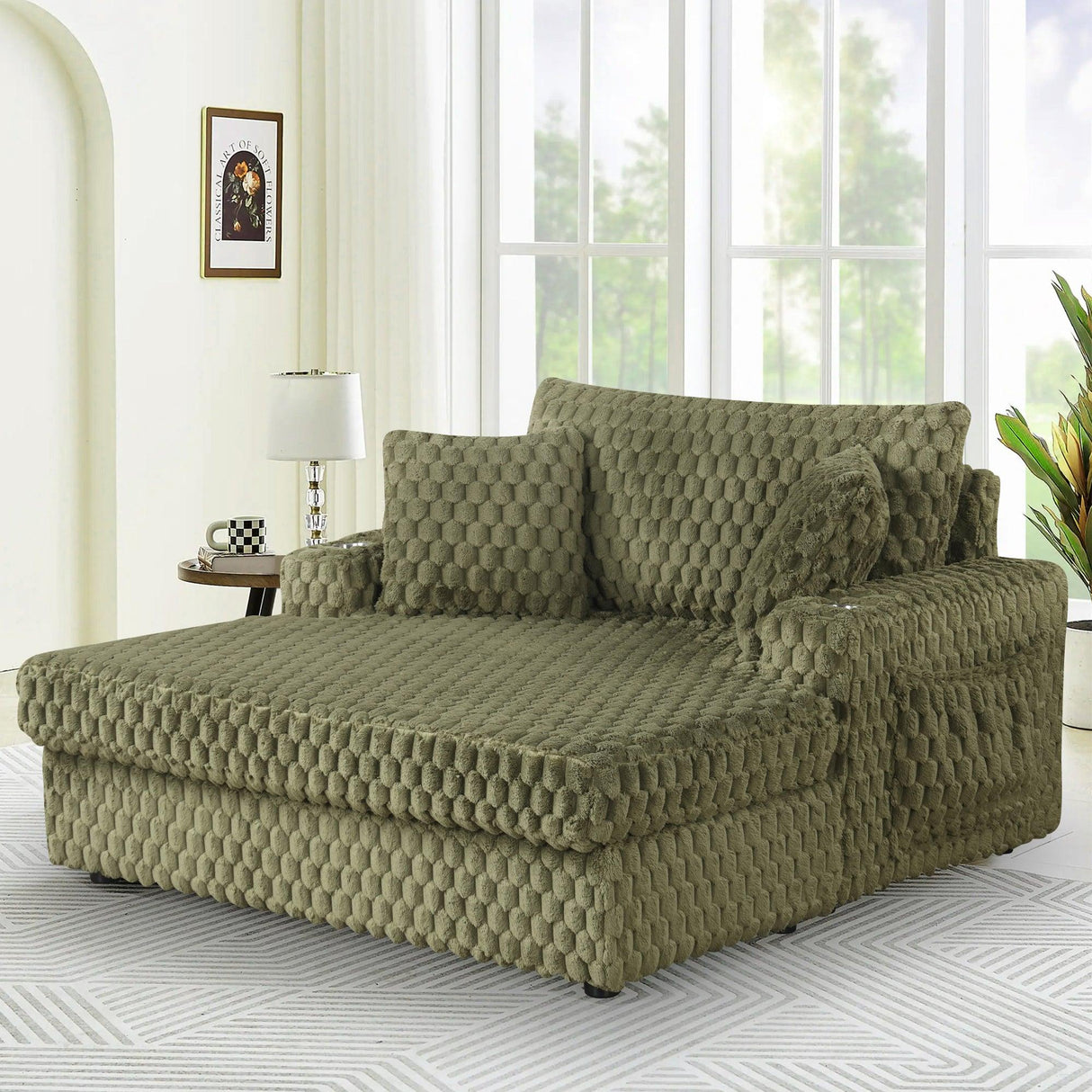 54 Inch Contemporary Indoor Upholstered Chaise Lounge Plush Sleeper Chair with Throw Pillows, 2 Cup Holders and Magazine Bags for Living Room-Parc Decor