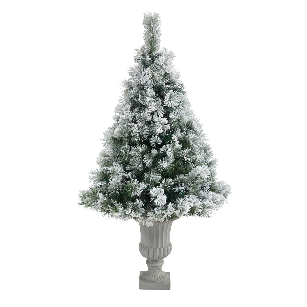 56” Flocked Oregon Pine Artificial Christmas Tree with 100 Clear Lights and 215 Bendable Branches in Decorative Urn-Christmas Tree-Parc Decor