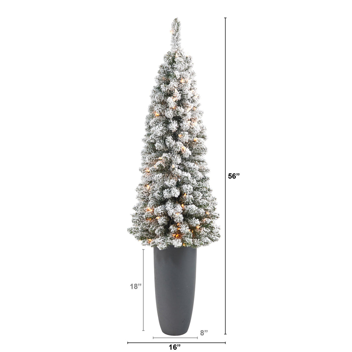 56” Flocked Pencil Artificial Christmas Tree with 100 Clear Lights and 216 Bendable Branches in Gray Planter-Christmas Tree-Parc Decor