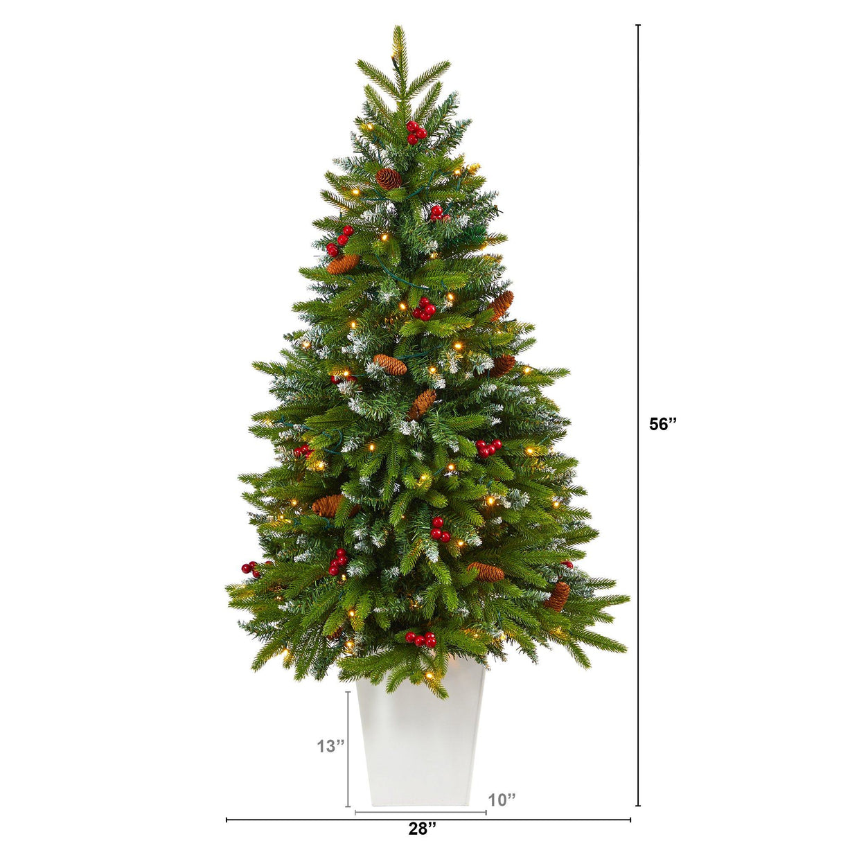 56” Snow Tipped Portland Spruce Artificial Christmas Tree with Frosted Berries and Pinecones with 100 Clear LED Lights in White Metal Planter-Christmas Tree-Parc Decor