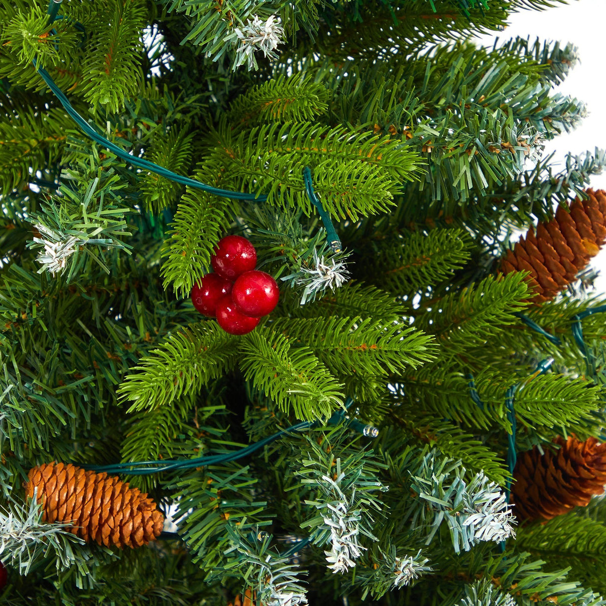 56” Snow Tipped Portland Spruce Artificial Christmas Tree with Frosted Berries and Pinecones with 100 Clear LED Lights in White Metal Planter-Christmas Tree-Parc Decor