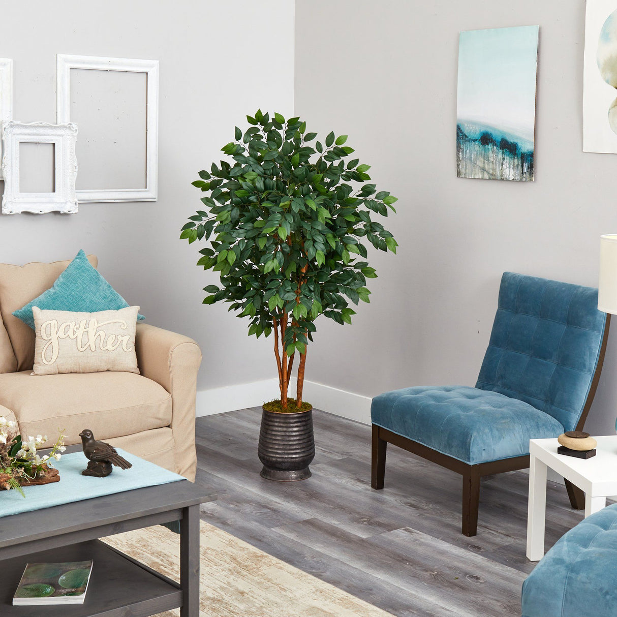 57” Sakaki Artificial Tree in Ribbed Metal Planter-Parc Decor