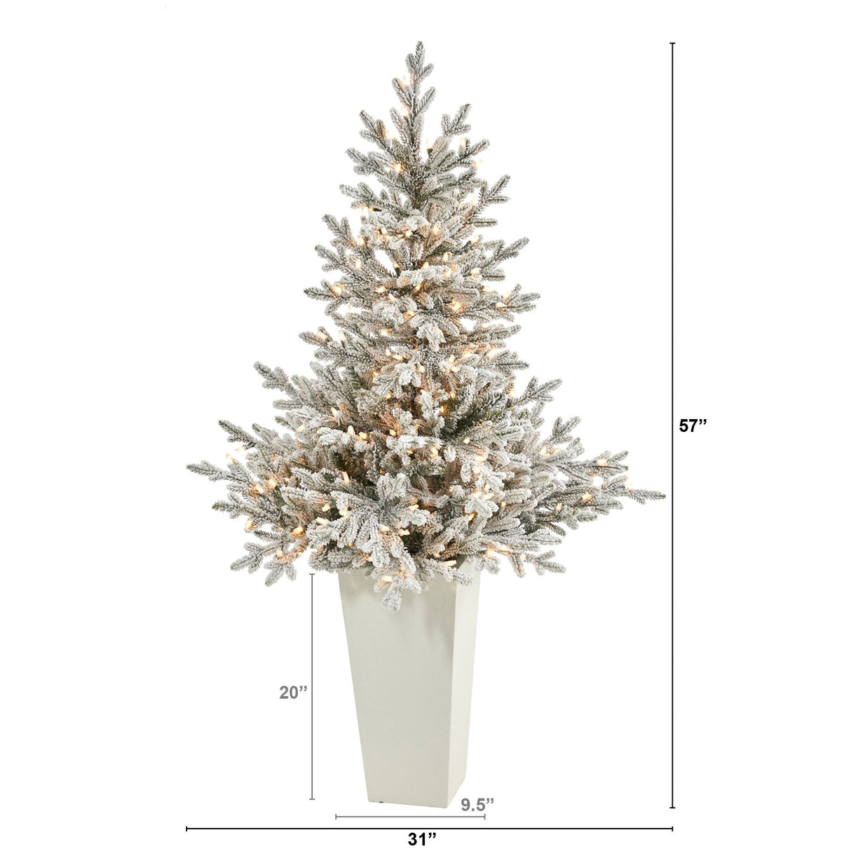 57” Flocked Fraser Fir Artificial Christmas Tree with 300 Warm White Lights and 967 Bendable Branches in Tower Planter-Christmas Tree-Parc Decor