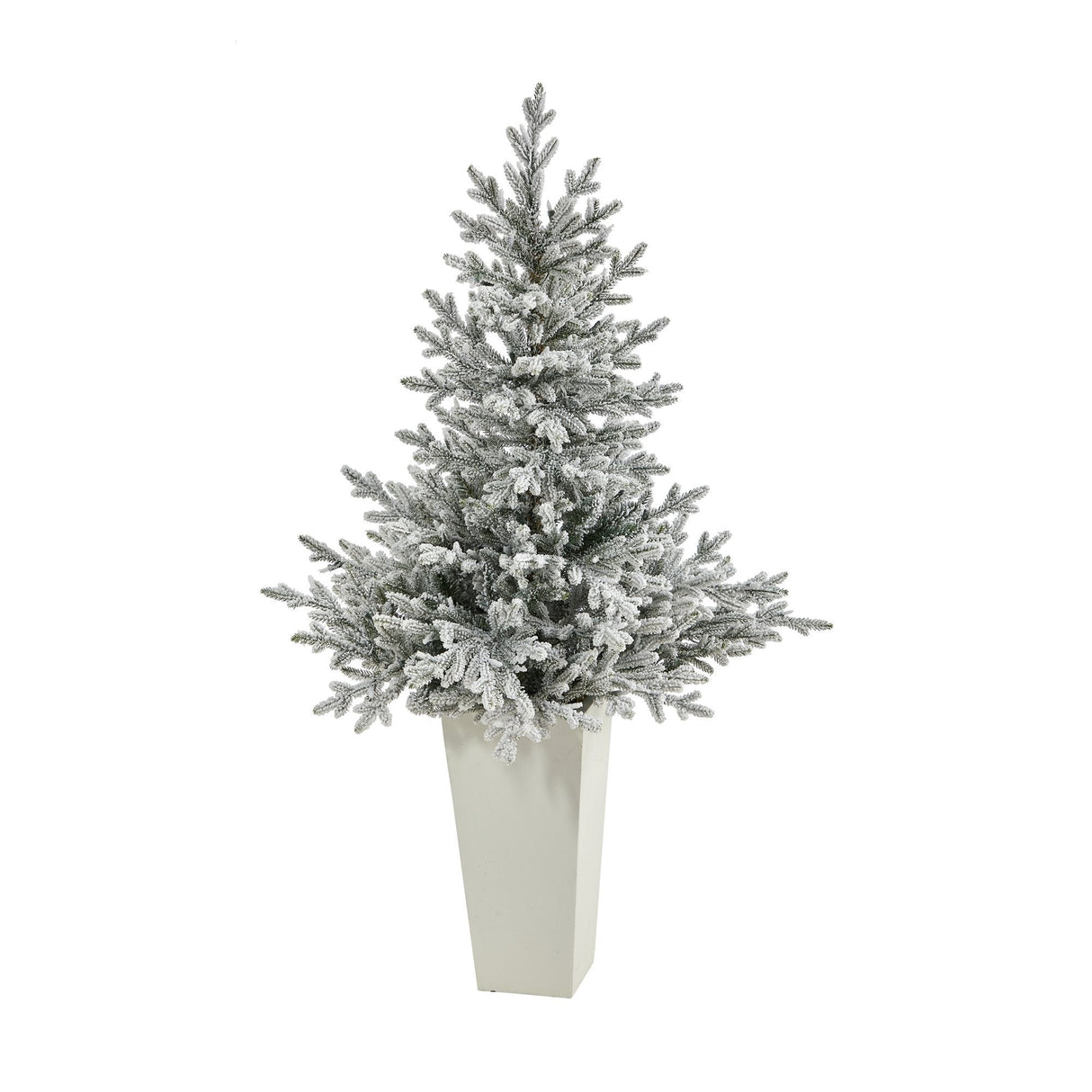 57” Flocked Fraser Fir Artificial Christmas Tree with 300 Warm White Lights and 967 Bendable Branches in Tower Planter-Christmas Tree-Parc Decor