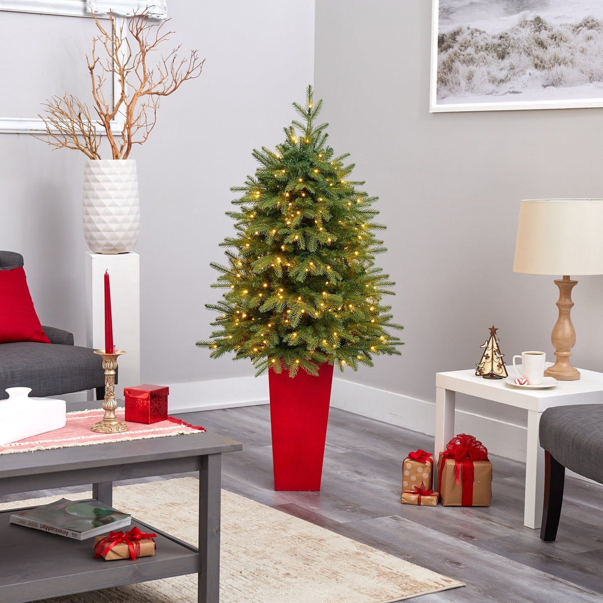 57” Vancouver Fir “Natural Look” Artificial Christmas Tree with 250 Clear LED Lights and 814 Bendable Branches in Red Tower Planter-Christmas Tree-Parc Decor