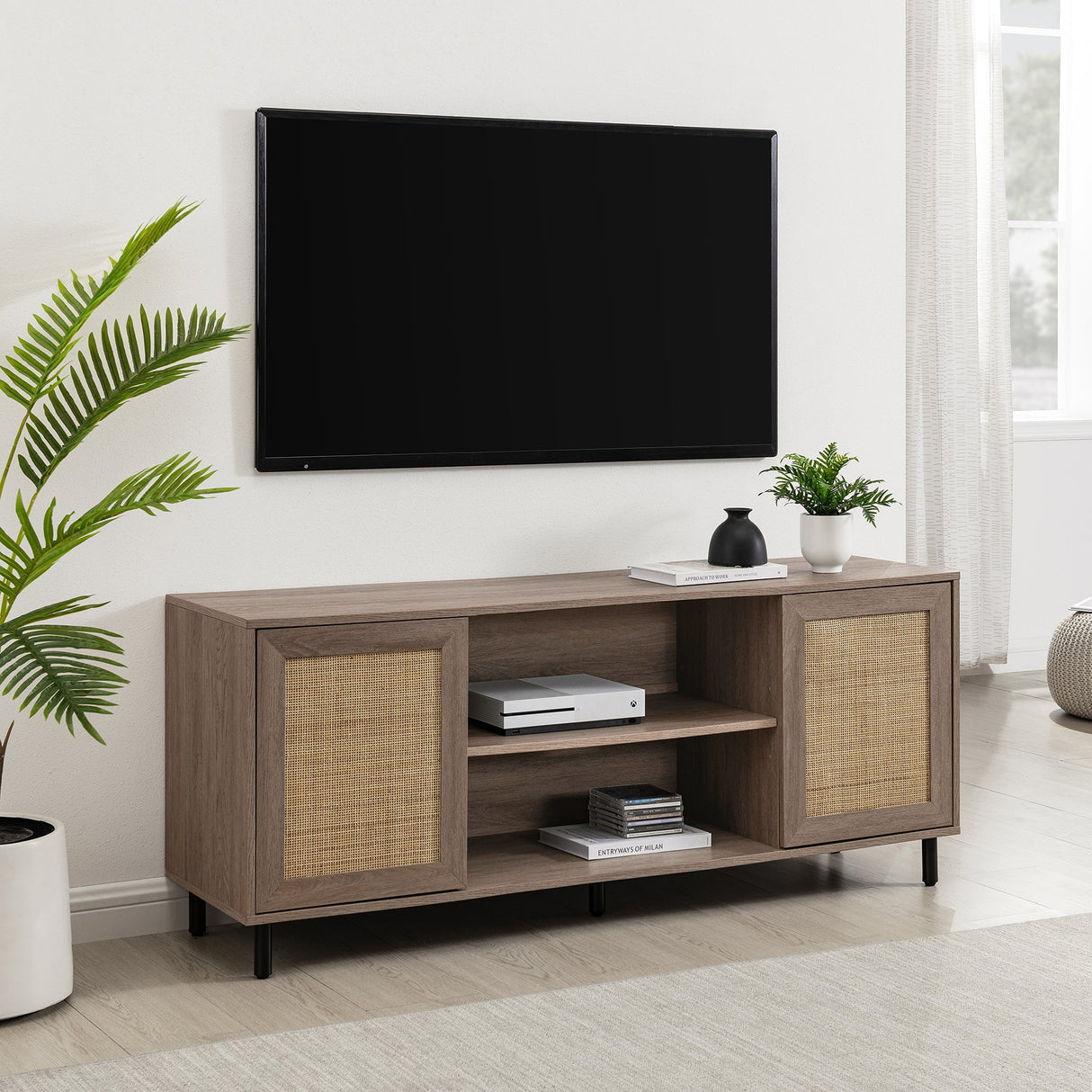 58" 2 Door Wood and Rattan TV Stand-Entertainment-Parc Decor