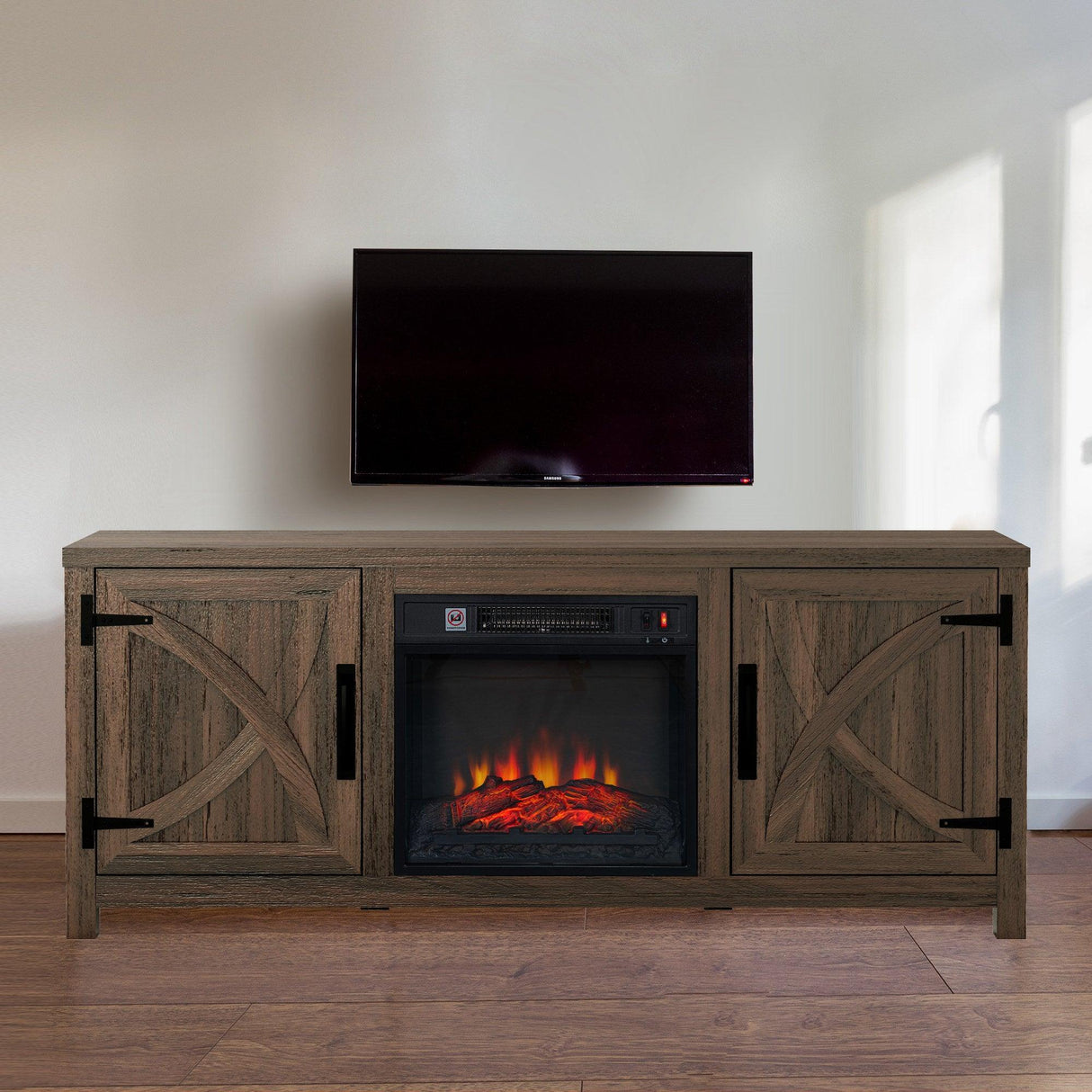58" Farmhouse TV Stand with 18" Insert Electric Fireplace for Living Room-Parc Decor