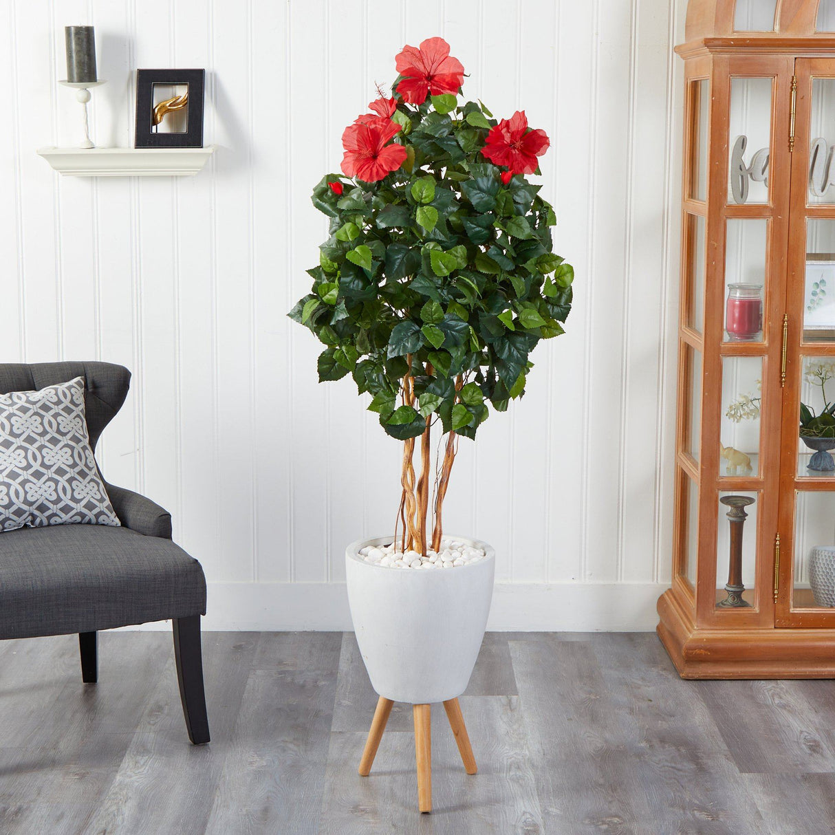 58” Hibiscus Artificial Tree in White Planter with Stand-Parc Decor