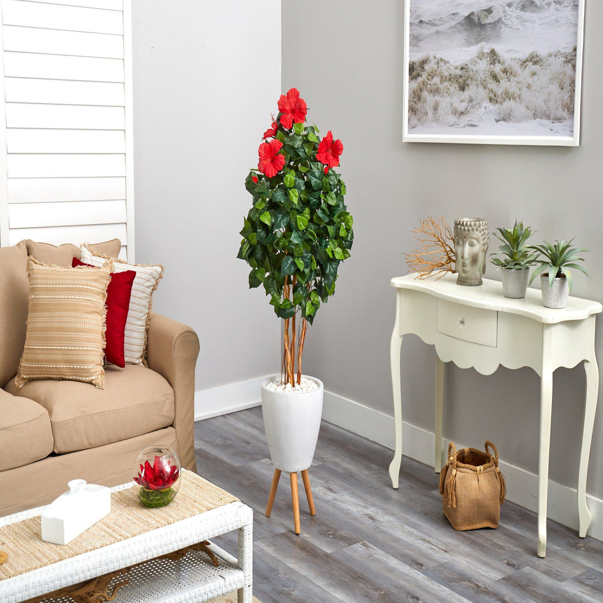 58” Hibiscus Artificial Tree in White Planter with Stand-Parc Decor