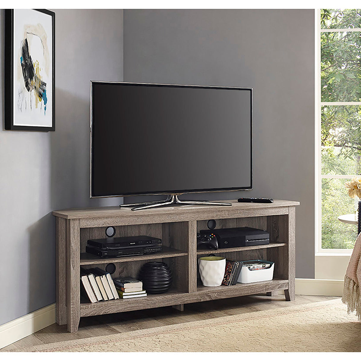 58" Transitional Wood Corner TV Stand-Entertainment-Parc Decor