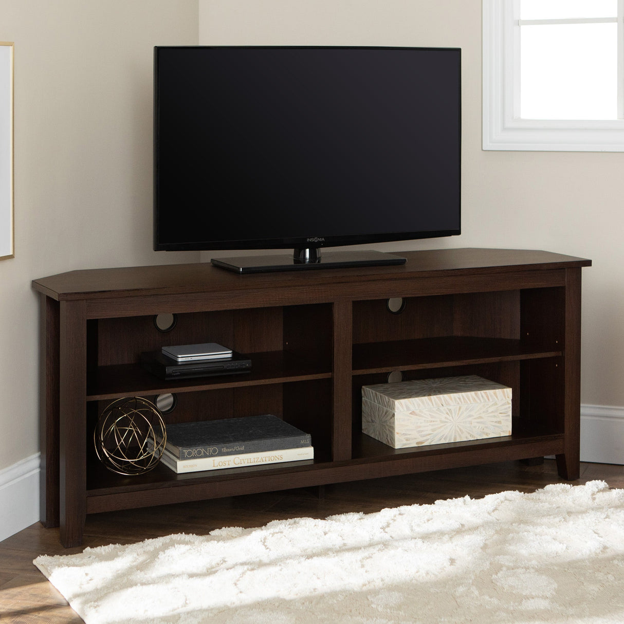 58" Transitional Wood Corner TV Stand-Entertainment-Parc Decor