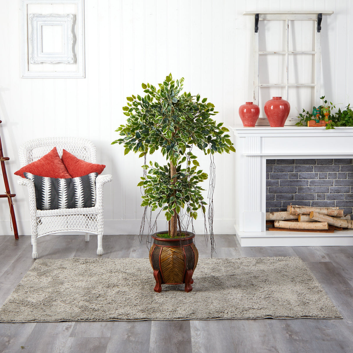 59” Variegated Ficus Artificial Tree in Decorative Planter-Parc Decor