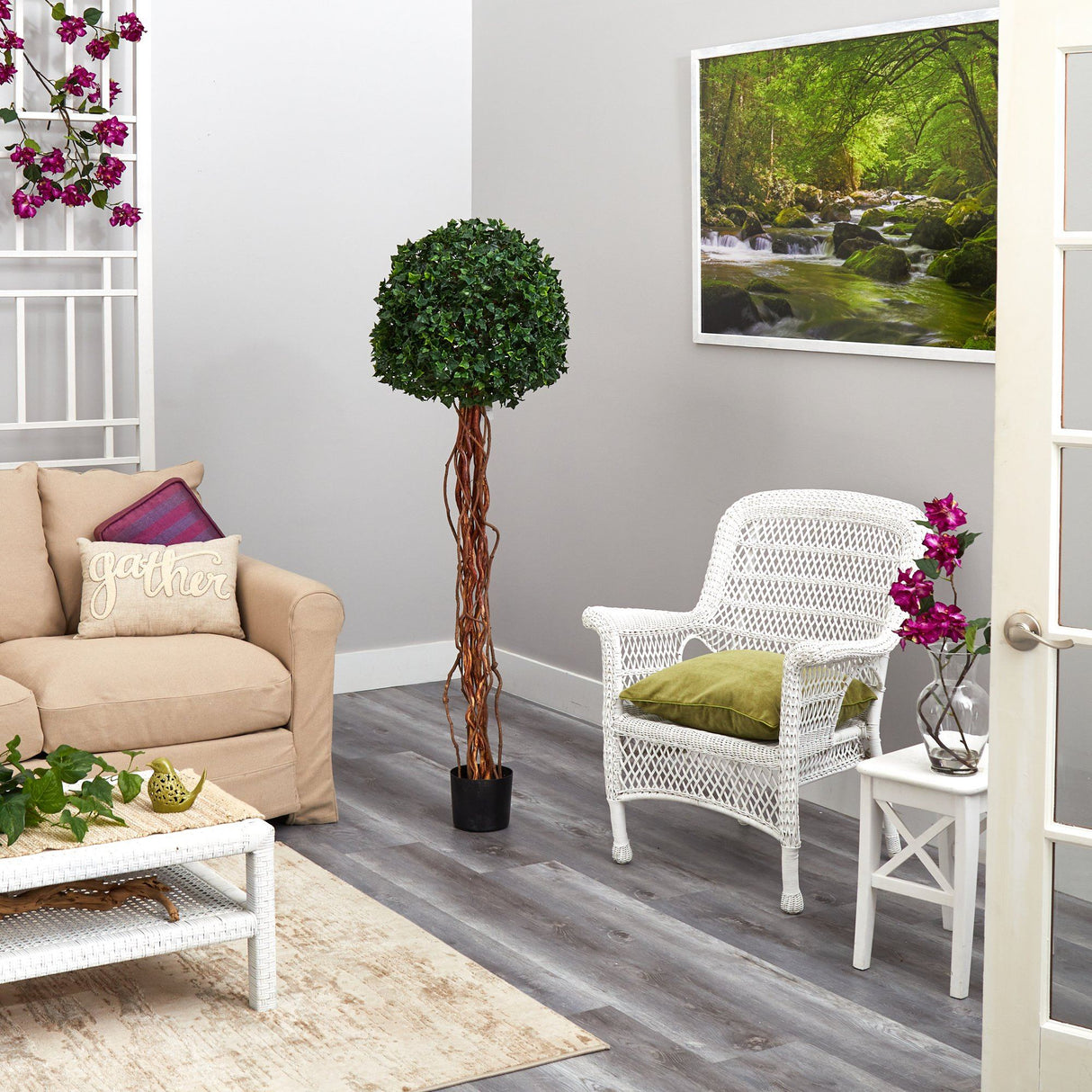 5.5’ English Ivy Single Ball Artificial Topiary Tree with Natural Trunk UV Resistant (Indoor/Outdoor)-Parc Decor