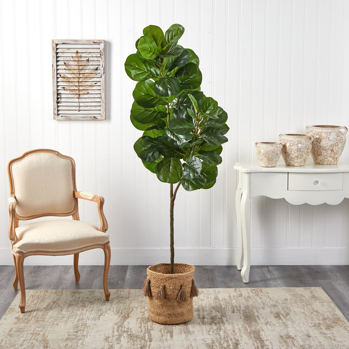 5.5’ Fiddle Leaf Fig Artificial Tree in Handmade Natural Jute Planter with Tassels-Parc Decor
