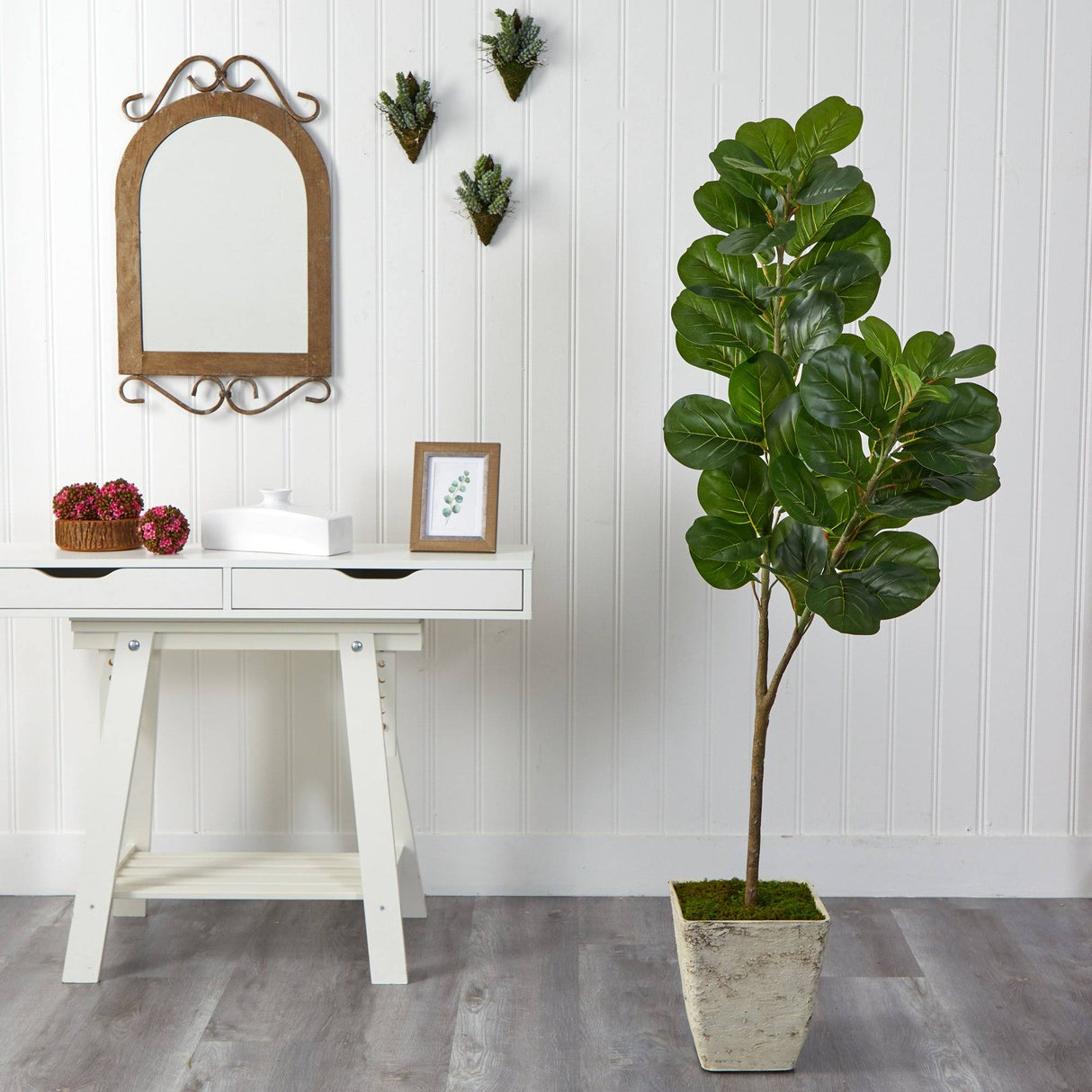 5.5’ Fiddle leaf Fig Artificial Tree in Country White Planter-Parc Decor