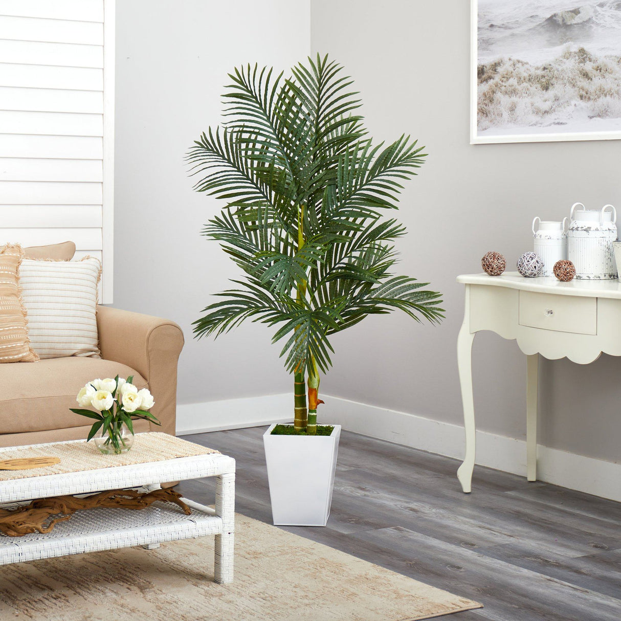 5.5’ Golden Cane Artificial Palm Tree in White Metal Planter-Parc Decor