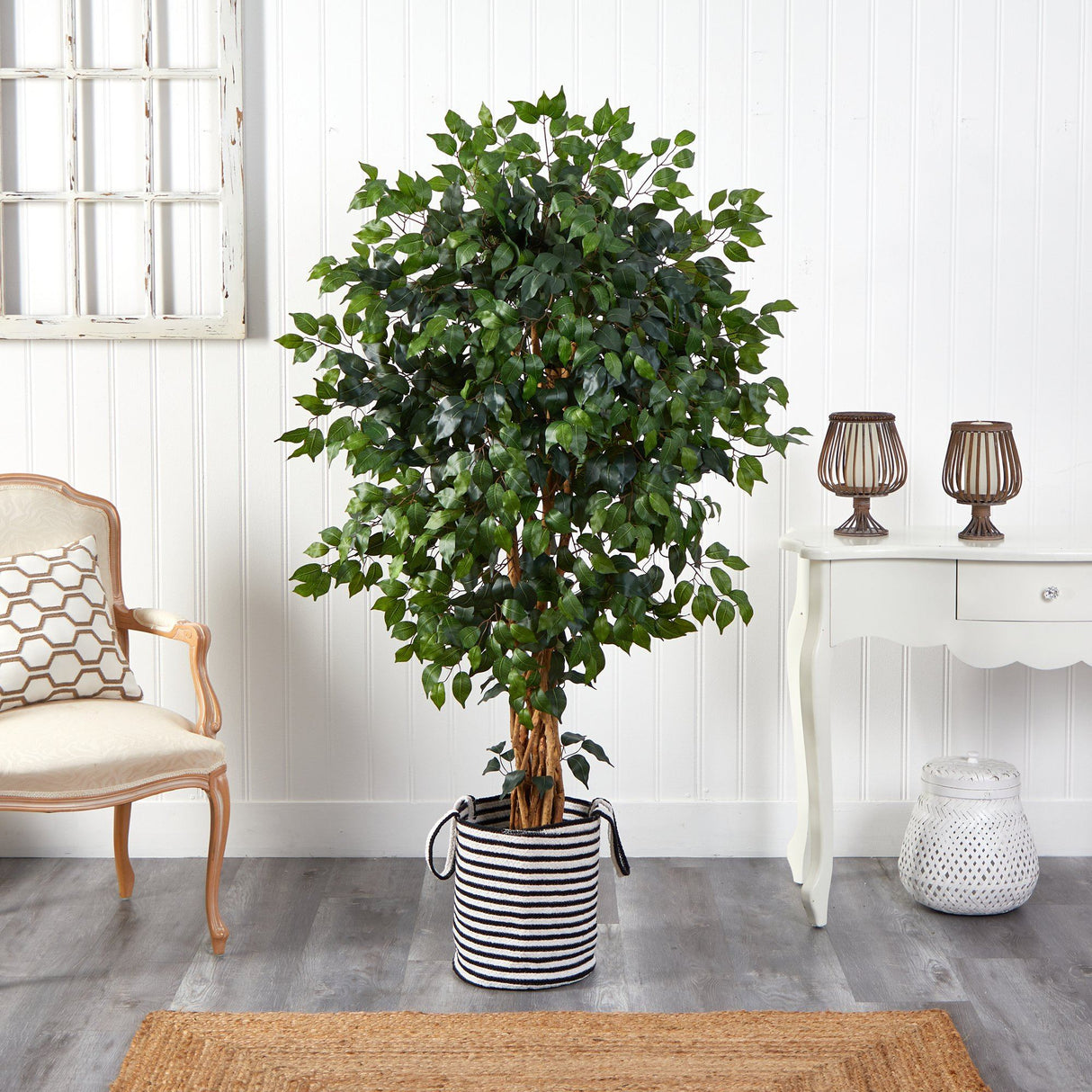 5.5’ Palace Ficus Artificial Tree in Handmade Black and White Natural Jute and Cotton Planter-Parc Decor