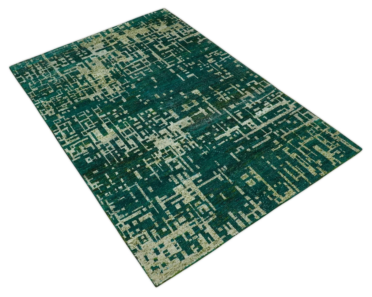 5.6x8 Hand Knotted Green and Beige Modern Abstract Recycled Silk Area Rug