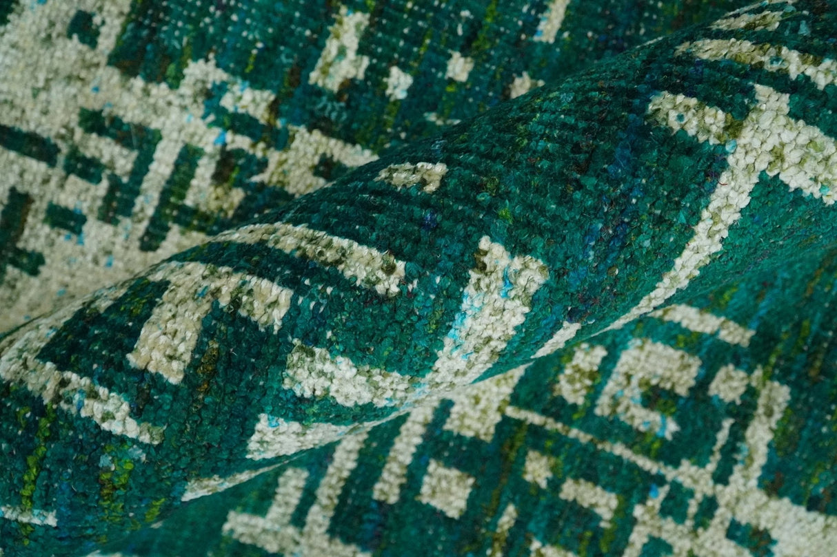 5.6x8 Hand Knotted Green and Beige Modern Abstract Recycled Silk Area Rug