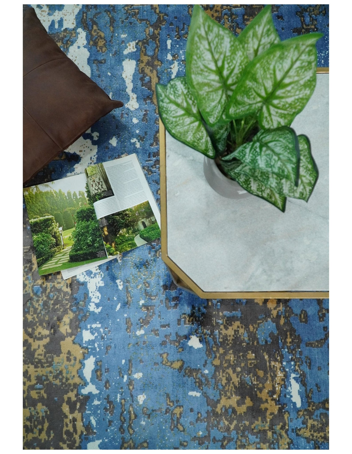 5.8x7.11 Modern Abstract Blue and Brown Rug made with Art Silk-Area Rug-Parc Decor