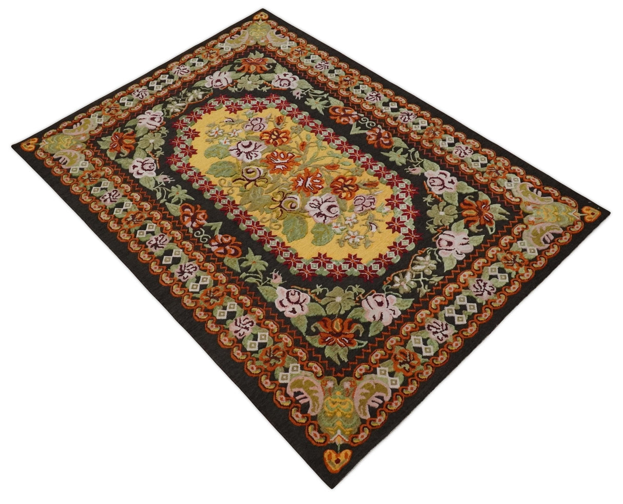 5x7 Flatwoven Black, Yellow And Green Flower Wool Hand Woven Antique Design Rug