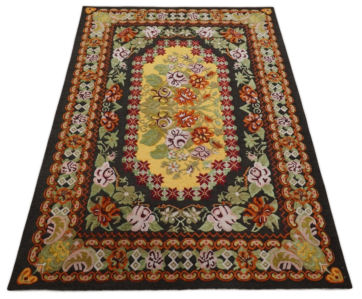 5x7 Flatwoven Black, Yellow And Green Flower Wool Hand Woven Antique Design Rug