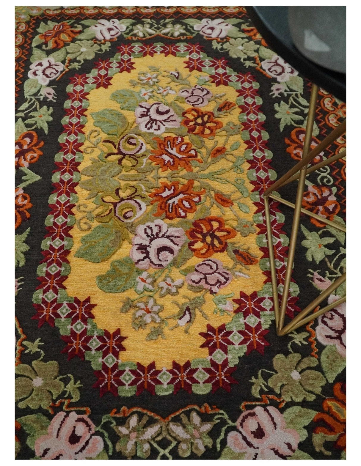 5x7 Flatwoven Black, Yellow And Green Flower Wool Hand Woven Antique Design Rug