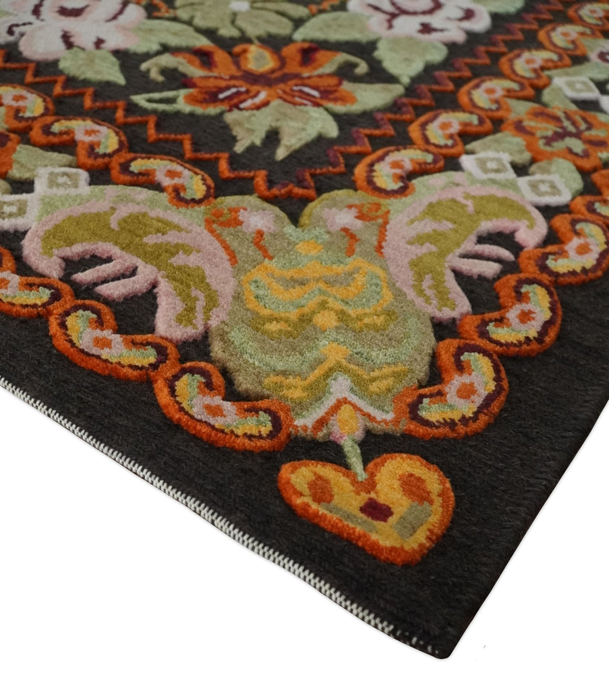5x7 Flatwoven Black, Yellow And Green Flower Wool Hand Woven Antique Design Rug