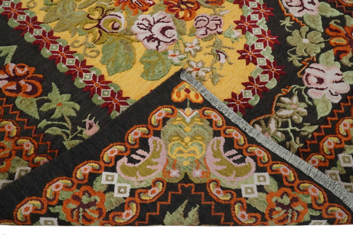 5x7 Flatwoven Black, Yellow And Green Flower Wool Hand Woven Antique Design Rug
