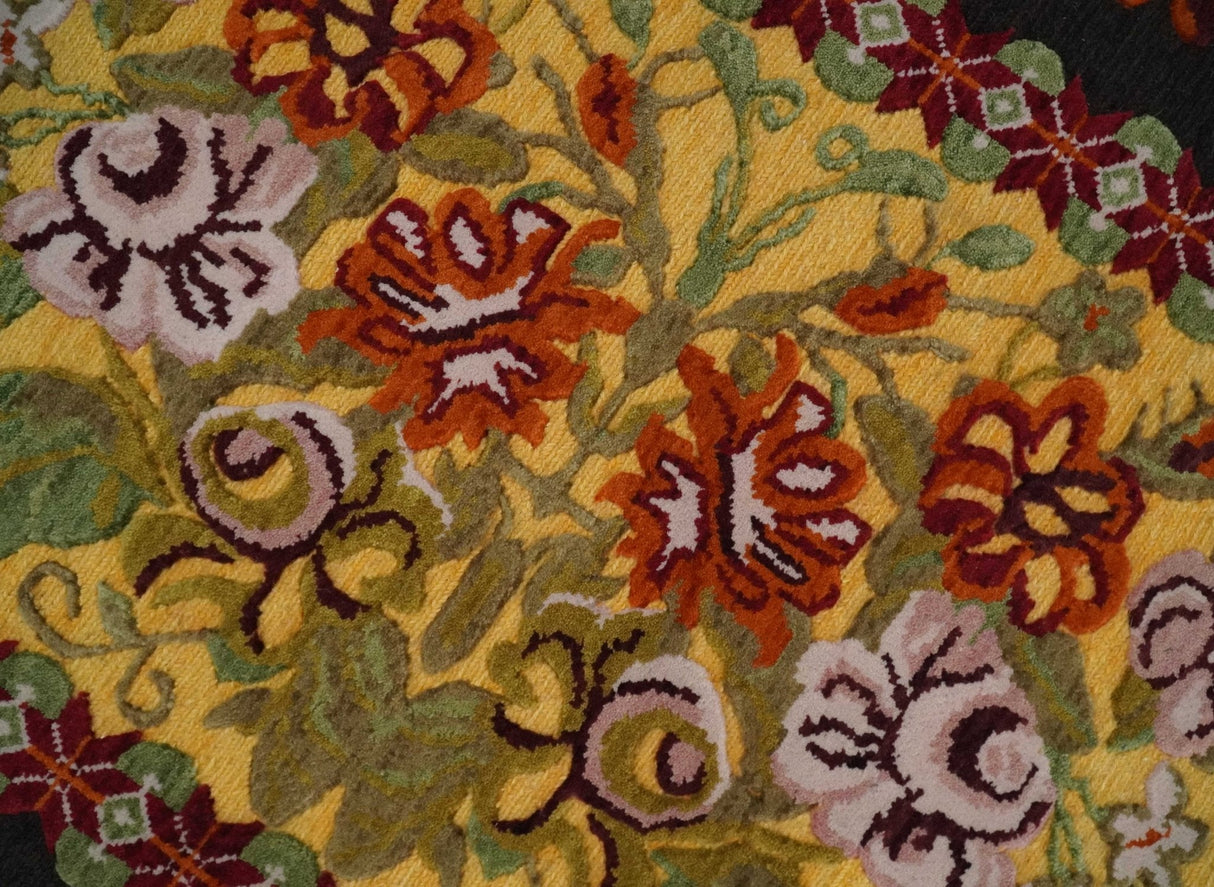 5x7 Flatwoven Black, Yellow And Green Flower Wool Hand Woven Antique Design Rug