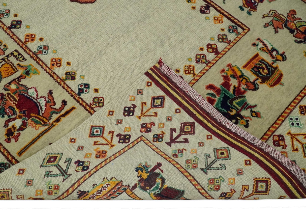 5x7 Flatwoven Ivory and Beige Wool Hand Knotted Southwestern Gabbeh Rug