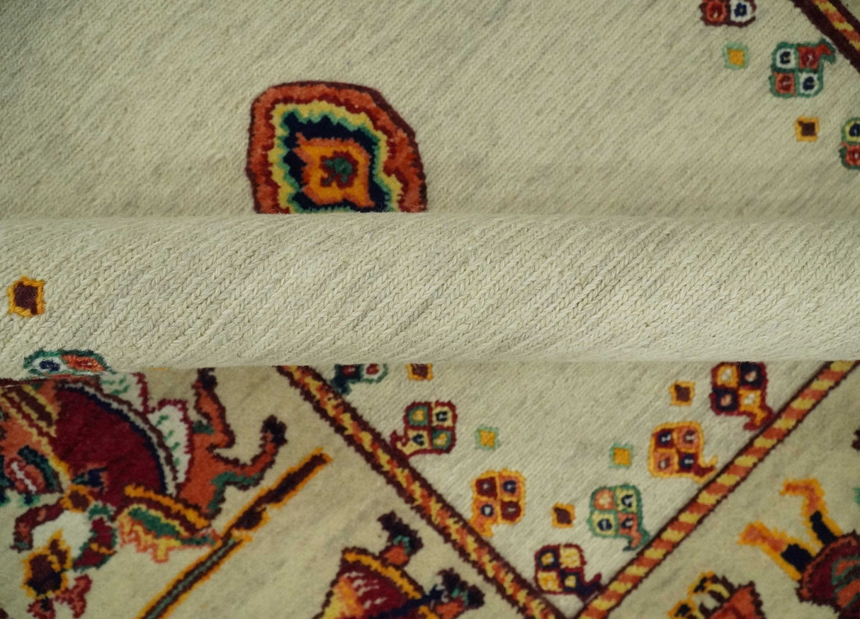 5x7 Flatwoven Ivory and Beige Wool Hand Knotted Southwestern Gabbeh Rug