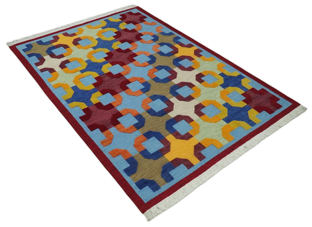 5x7 Multicolor Modern Abstract Wool Hand Woven Southwestern Rug