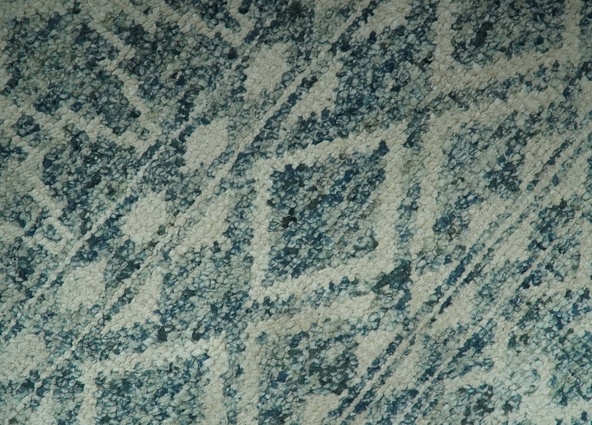 5x7 Teal and Beige Hand knotted southwestern Tribal trellis recycled Art Silk rug-Area Rug-Parc Decor