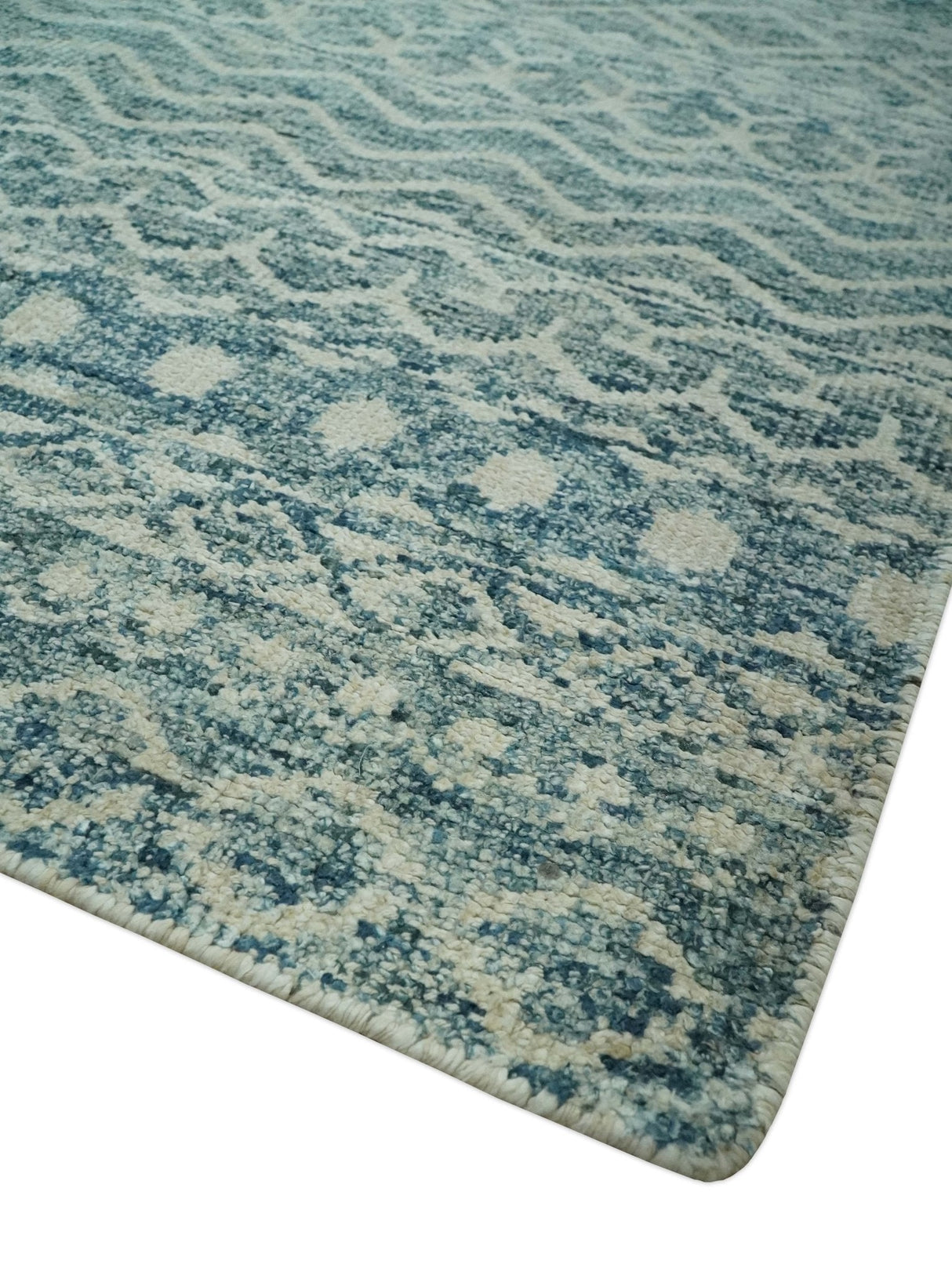 5x7 Teal and Beige Hand knotted southwestern Tribal trellis recycled Art Silk rug-Area Rug-Parc Decor