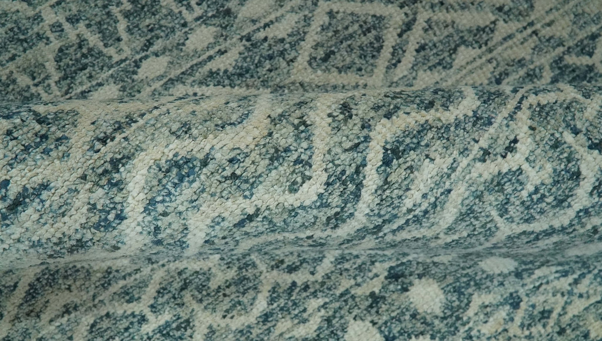 5x7 Teal and Beige Hand knotted southwestern Tribal trellis recycled Art Silk rug-Area Rug-Parc Decor