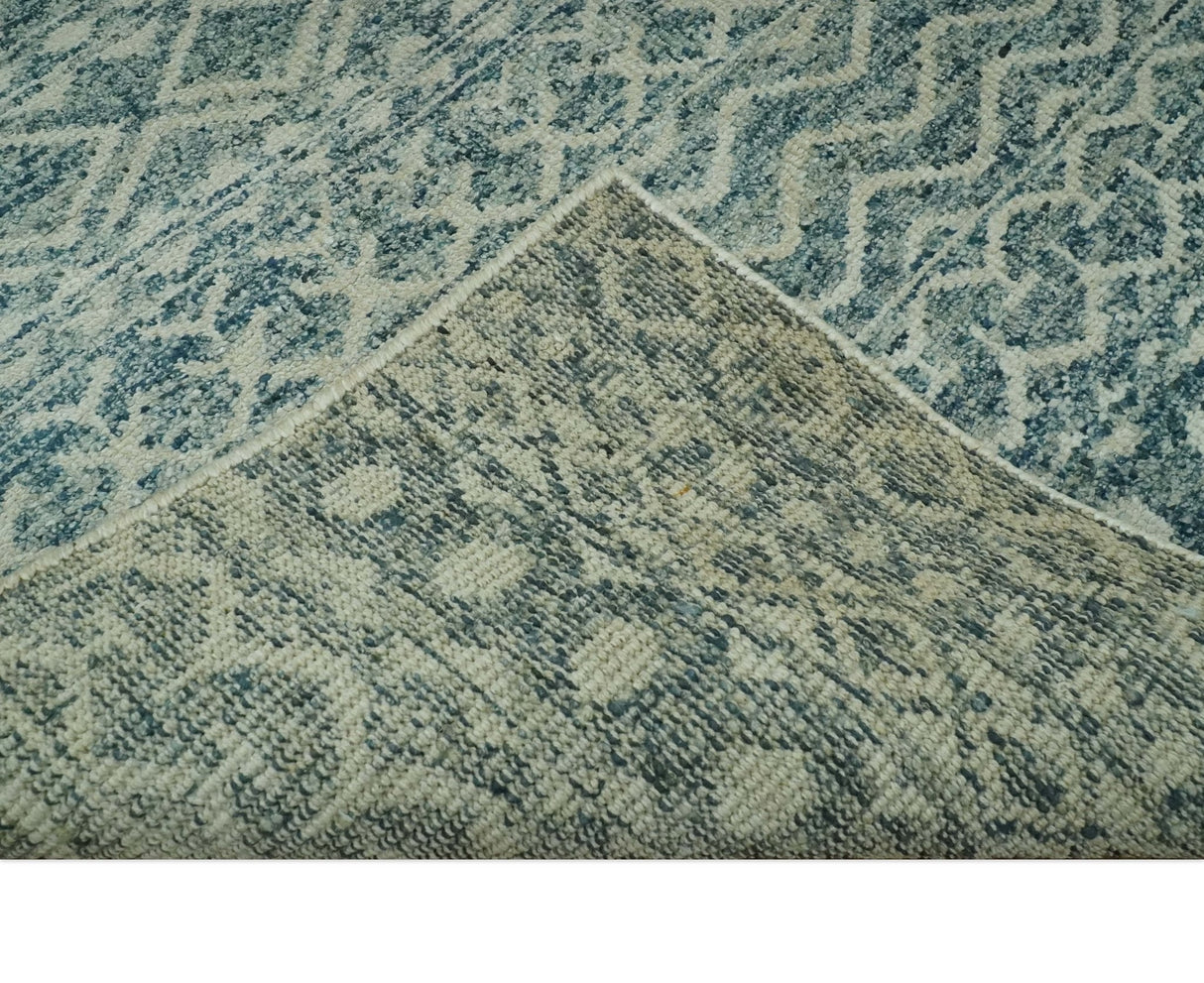 5x7 Teal and Beige Hand knotted southwestern Tribal trellis recycled Art Silk rug-Area Rug-Parc Decor