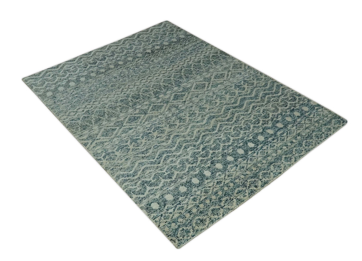 5x7 Teal and Beige Hand knotted southwestern Tribal trellis recycled Art Silk rug-Area Rug-Parc Decor