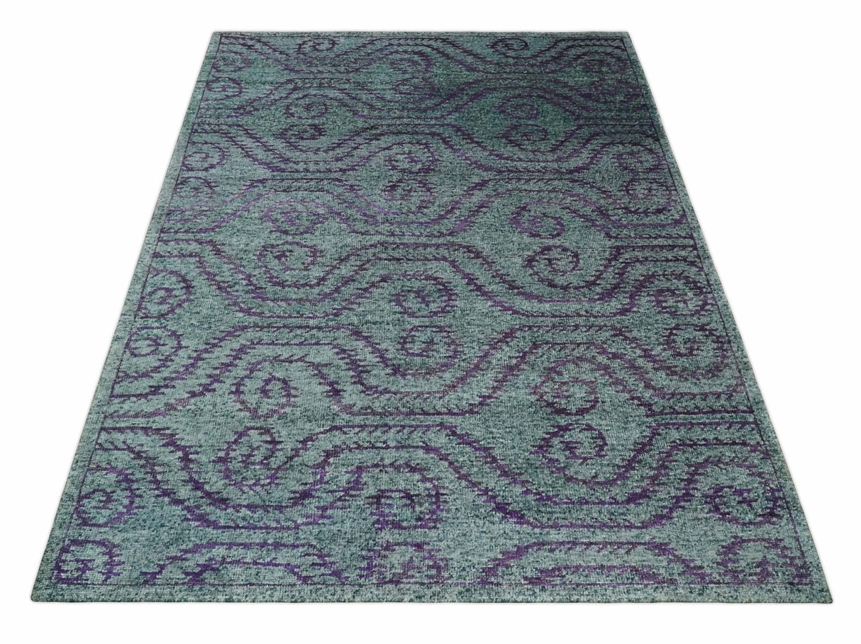 5x8 and 8x10 Hand Knotted Blue, Gray and Purple Modern Contemporary Southwestern Tribal Recycled Silk Area Rug